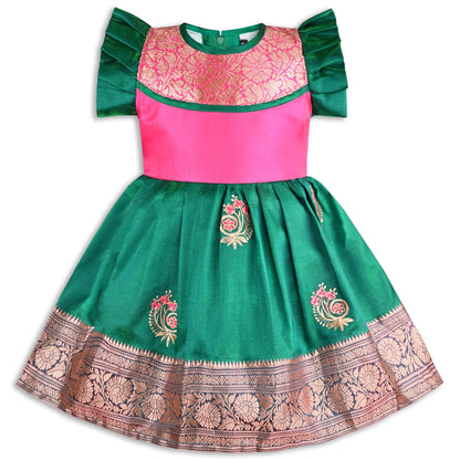 Girls Traditional Silk Party Frock – Banarasi Pattu Dress