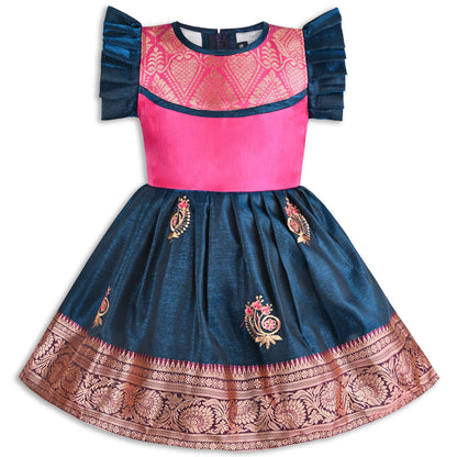 Girls Traditional Silk Party Frock – Banarasi Pattu Dress