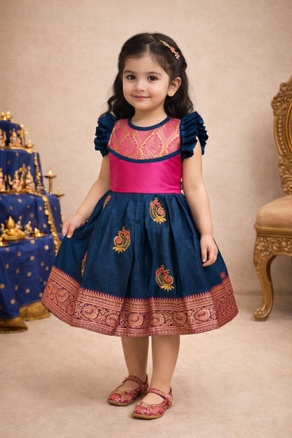 Girls Traditional Silk Party Frock – Banarasi Pattu Dress