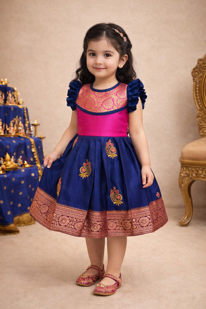 Girls Traditional Silk Party Frock – Banarasi Pattu Dress