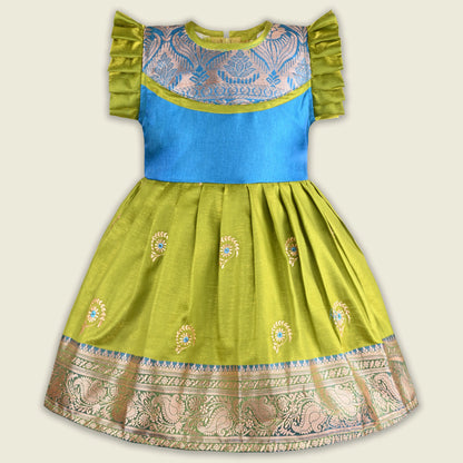 Girls Traditional Silk Party Frock – Banarasi Pattu Dress
