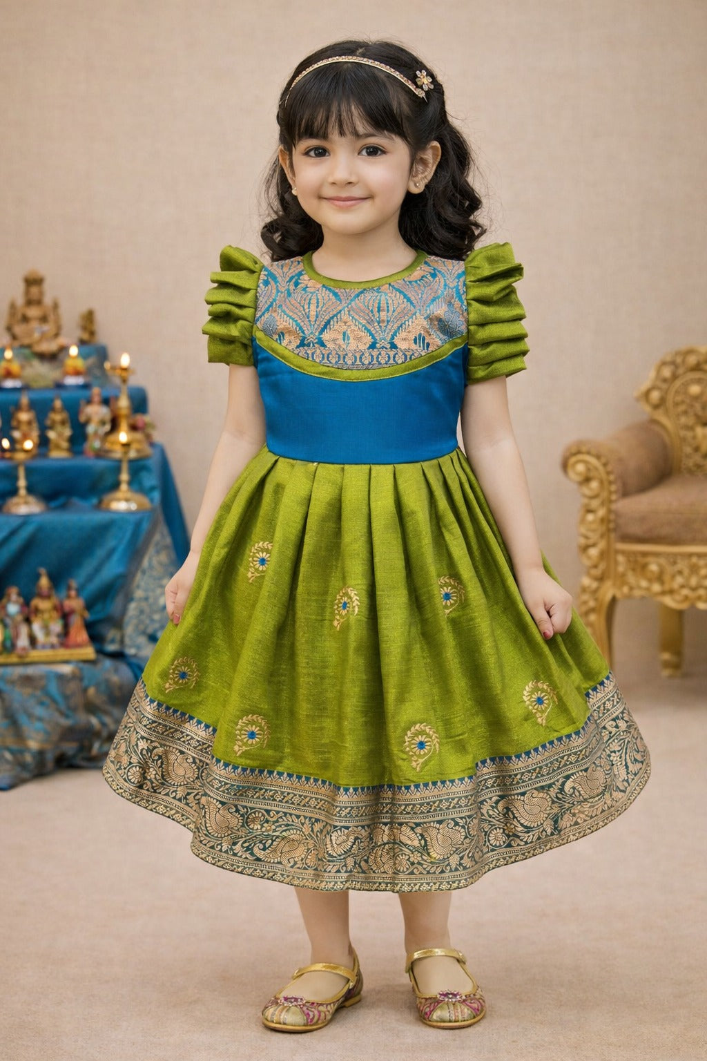 Girls Traditional Silk Party Frock – Banarasi Pattu Dress