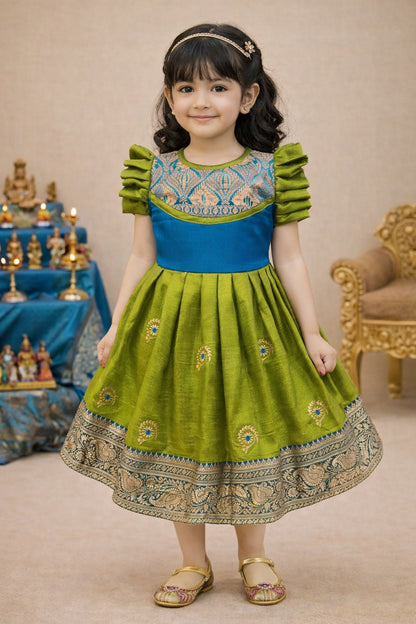 Girls Traditional Silk Party Frock – Banarasi Pattu Dress