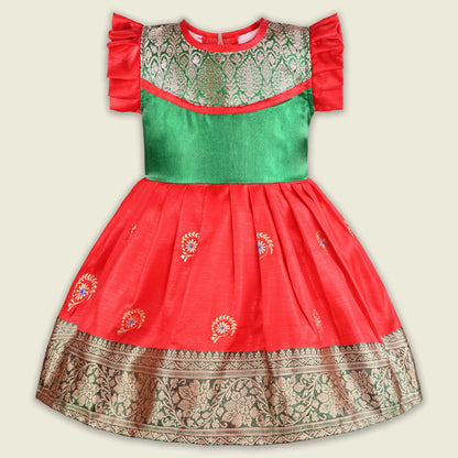 Girls Traditional Silk Party Frock – Banarasi Pattu Dress