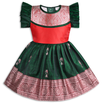 Girls Traditional Silk Party Frock – Banarasi Pattu Dress