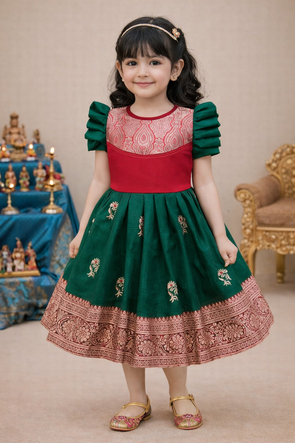 Girls Traditional Silk Party Frock – Banarasi Pattu Dress