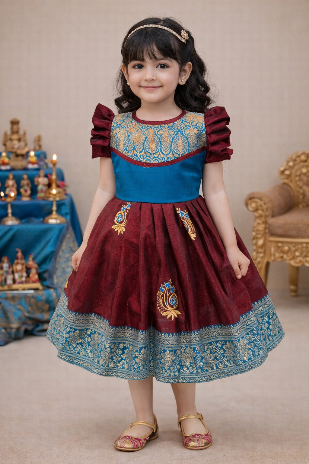 Girls Traditional Silk Party Frock – Banarasi Pattu Dress