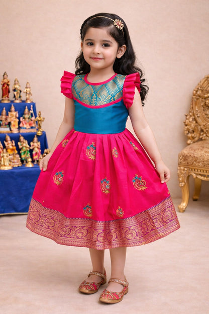 Girls Traditional Silk Party Frock – Banarasi Pattu Dress