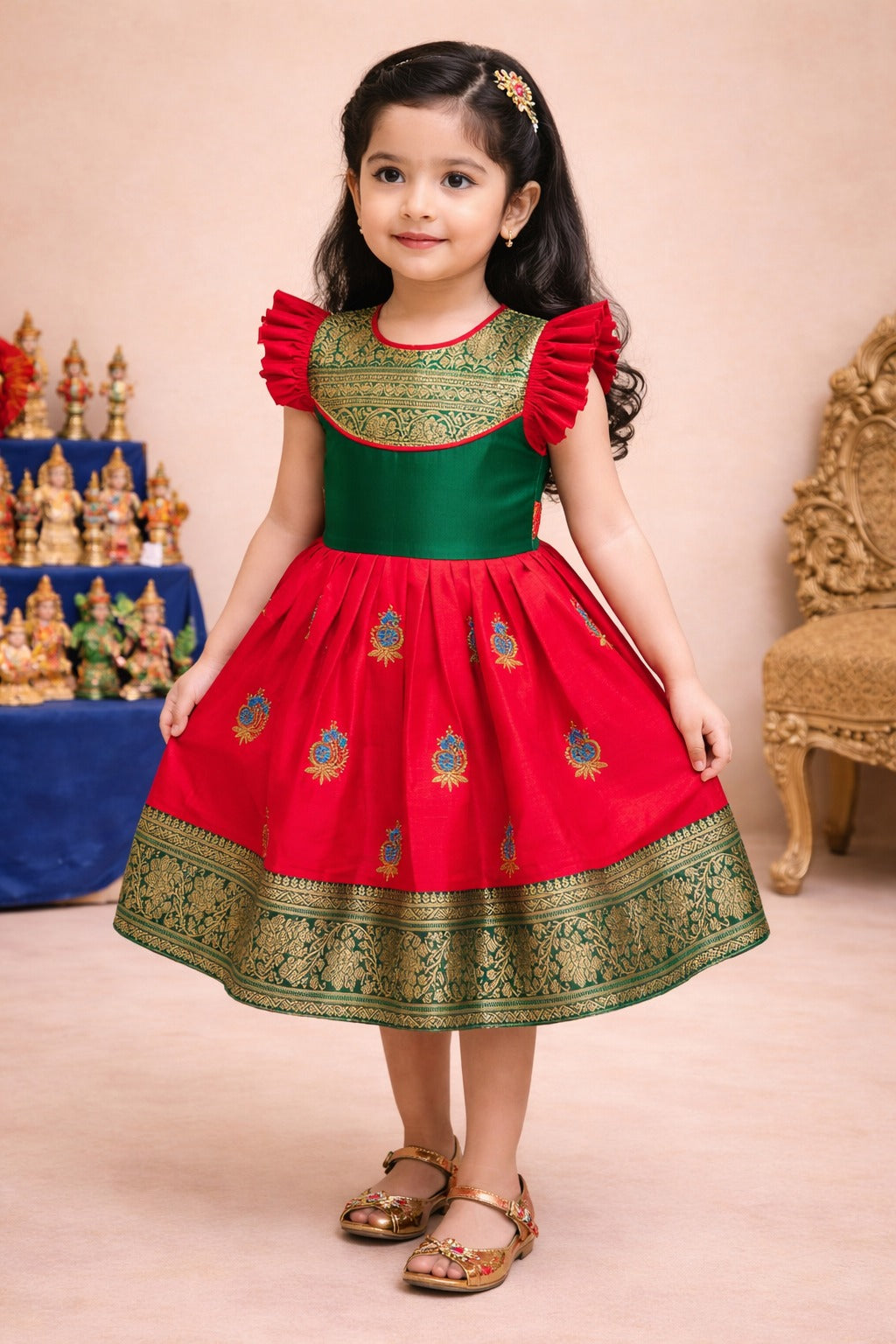 Girls Traditional Silk Party Frock – Banarasi Pattu Dress