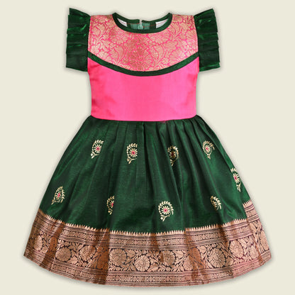 Girls Traditional Silk Party Frock – Banarasi Pattu Dress