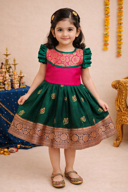 Girls Traditional Silk Party Frock – Banarasi Pattu Dress