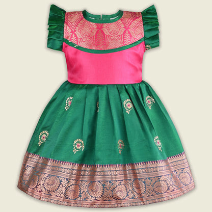Girls Traditional Silk Party Frock – Banarasi Pattu Dress
