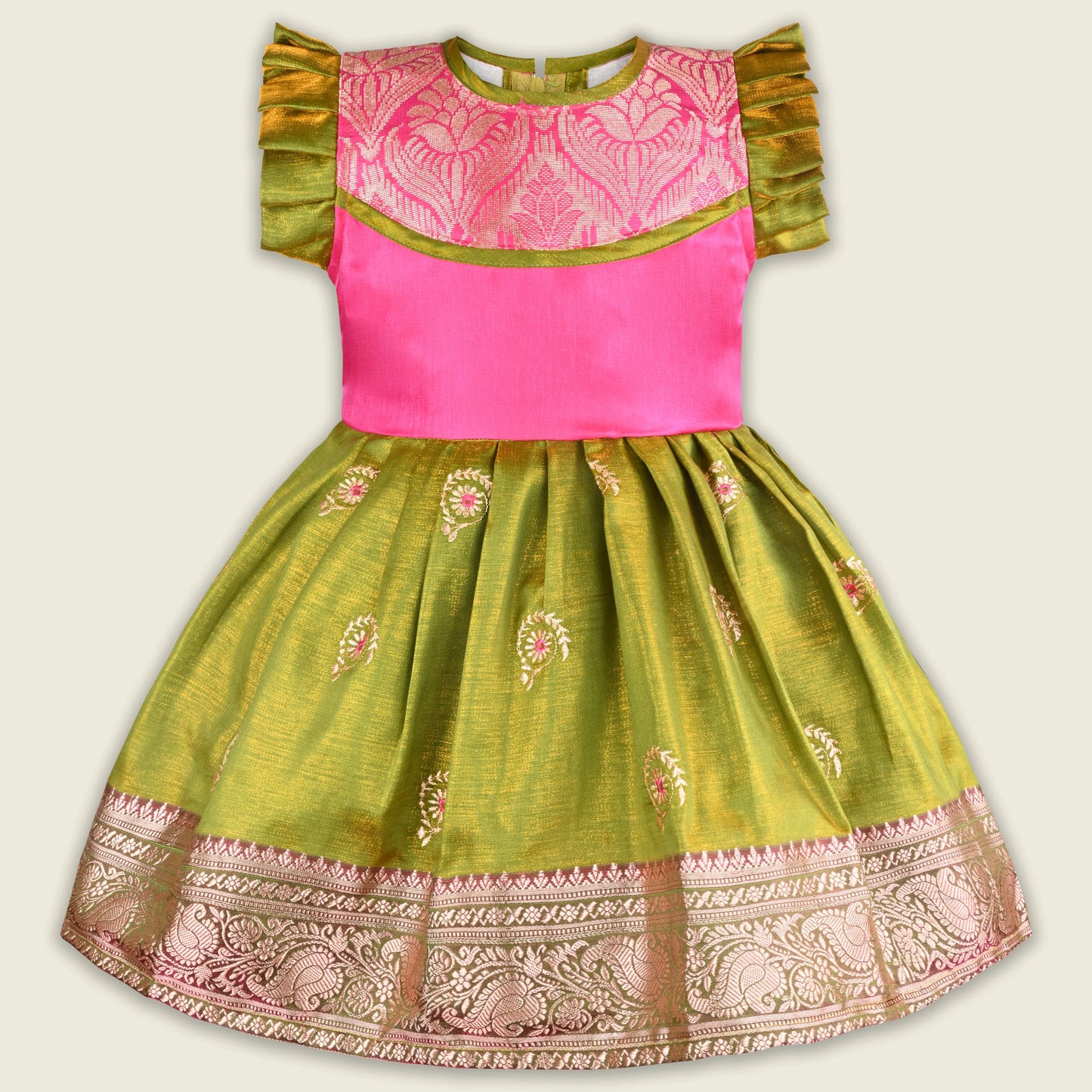 Girls Traditional Silk Party Frock – Banarasi Pattu Dress