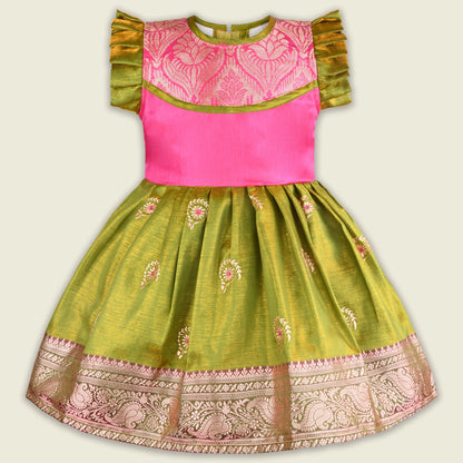 Girls Traditional Silk Party Frock – Banarasi Pattu Dress