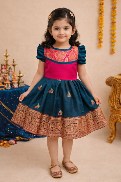 Girls Traditional Silk Party Frock – Banarasi Pattu Dress