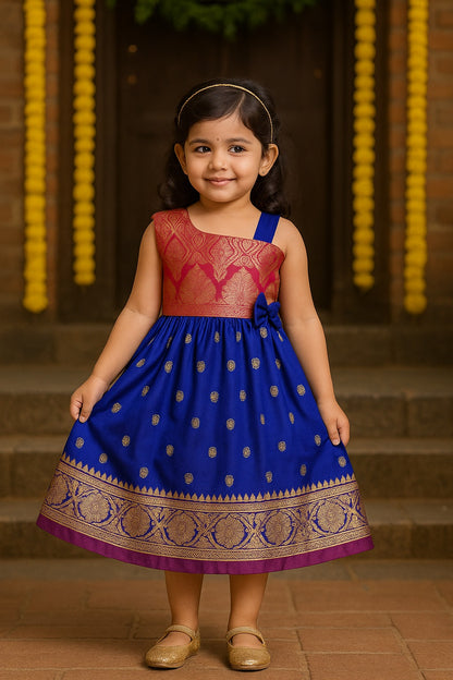 Girls Woven Zari One Shoulder Ethnic Dress