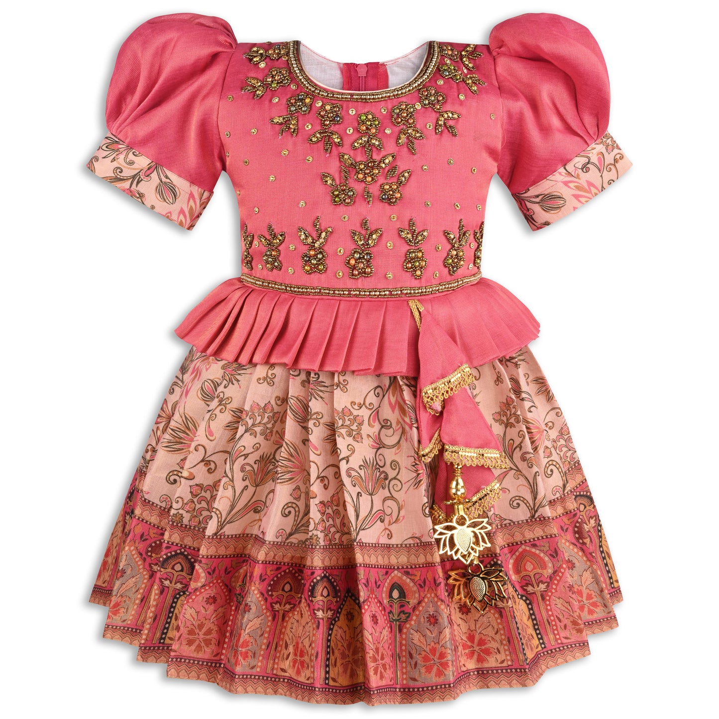 Girls Floral Art Silk with Puff Sleeves & Bead Work Festive Dress