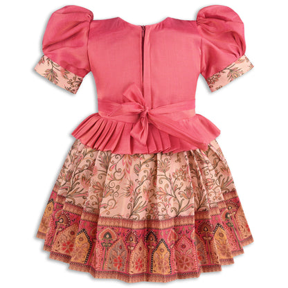 Girls Floral Art Silk with Puff Sleeves & Bead Work Festive Dress