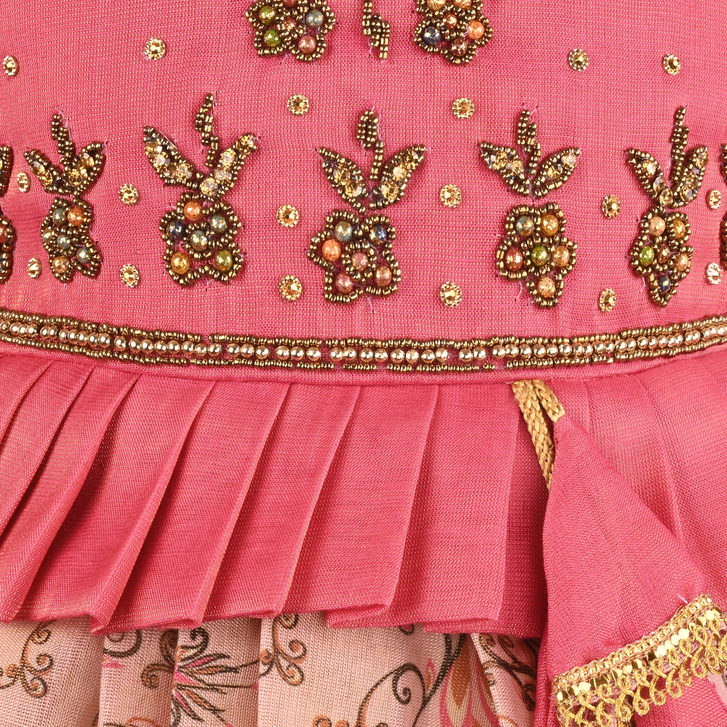 Girls Floral Art Silk with Puff Sleeves & Bead Work Festive Dress