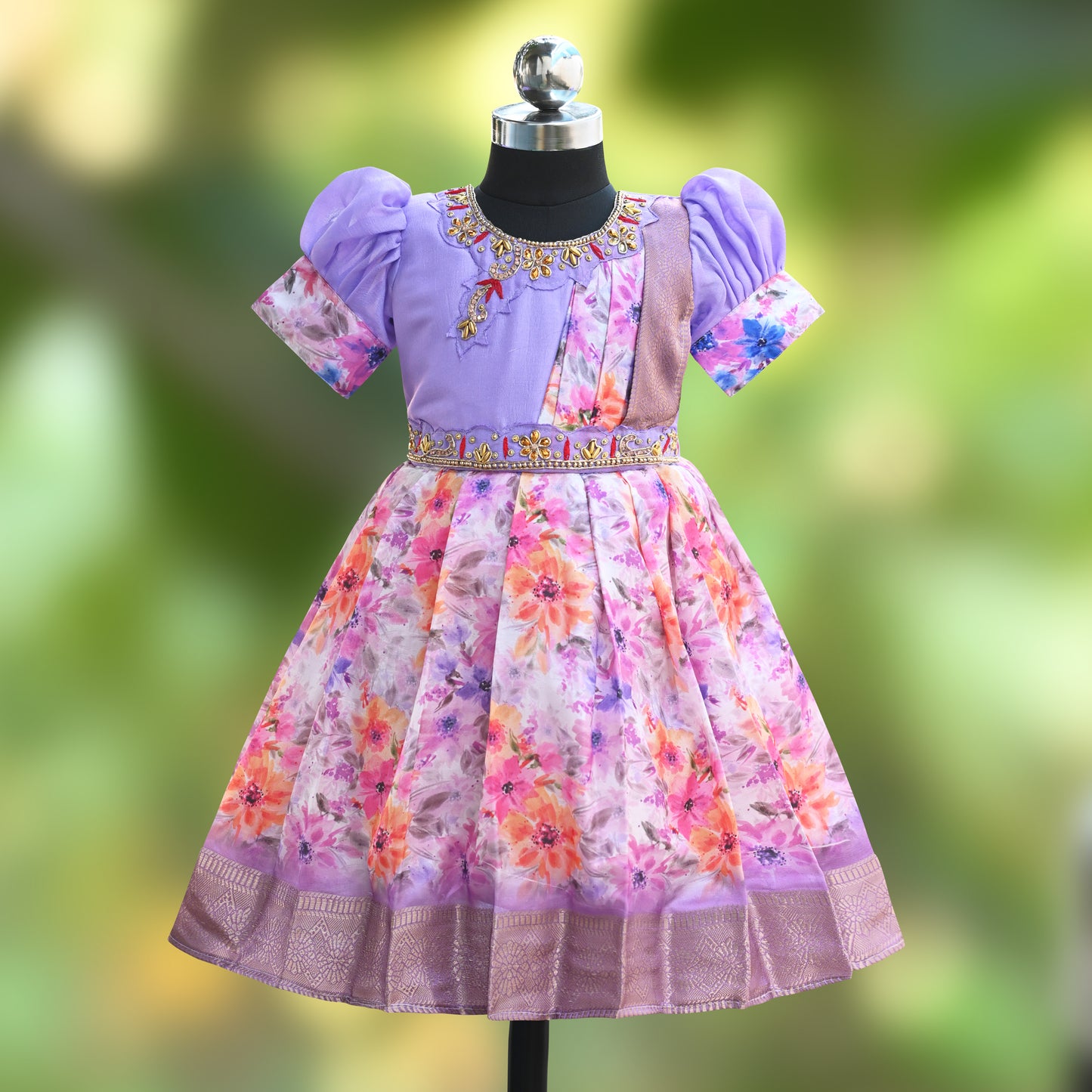 Girls Floral Print Bead Embellished Stylish Ethnic Dress