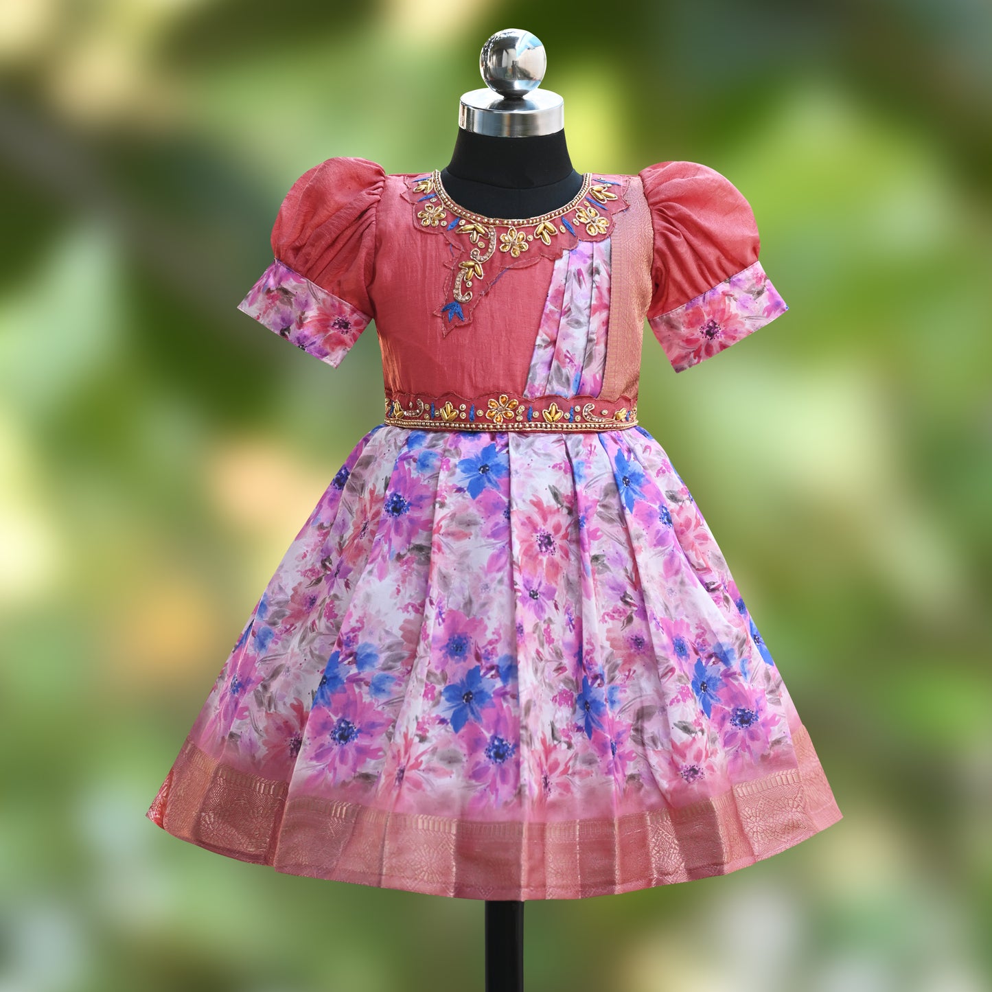 Girls Floral Print Bead Embellished Stylish Ethnic Dress