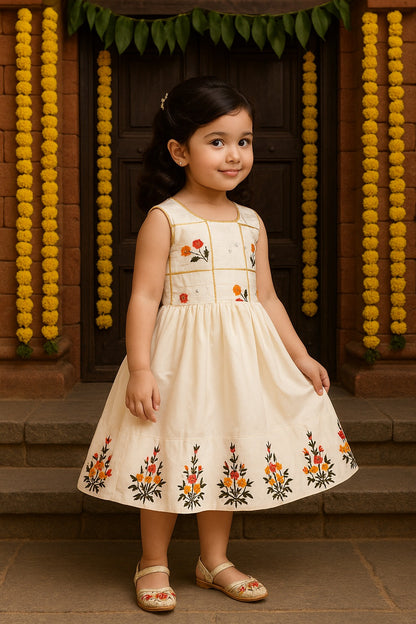 Girls Floral Embroidered Ethnic Dress for Onam