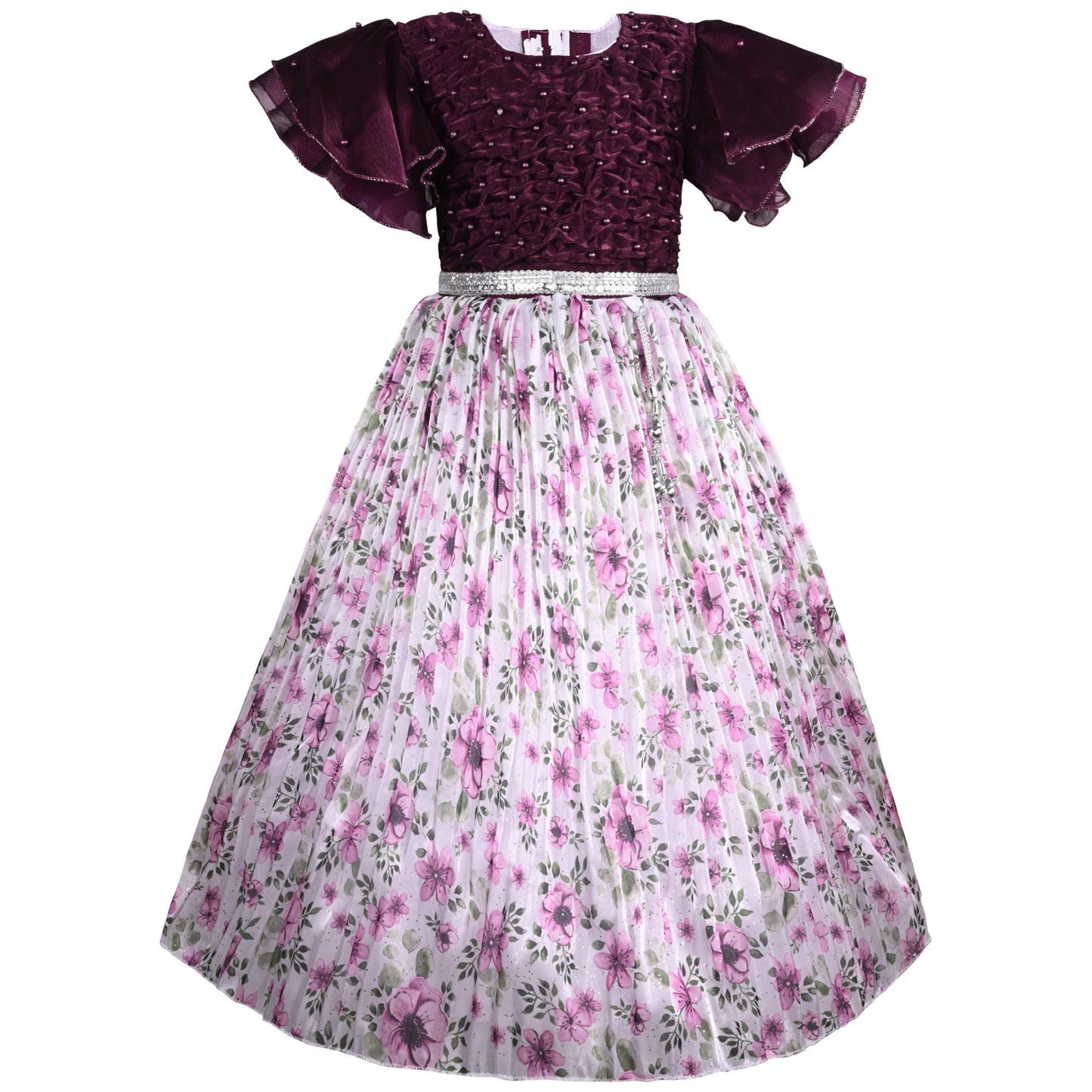 Girls Pearl Embellished Floral Print Party Dress