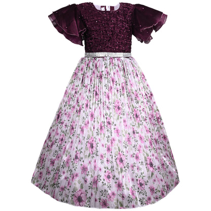 Girls Pearl Embellished Floral Print Party Dress
