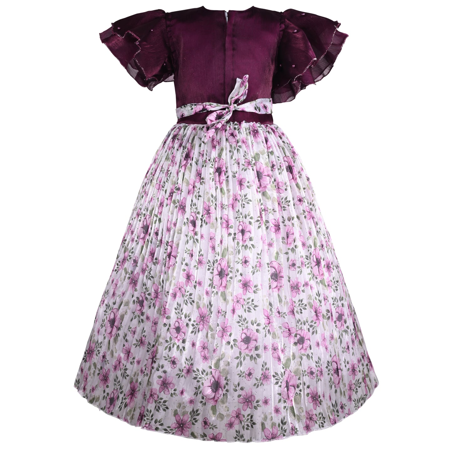 Girls Pearl Embellished Floral Print Party Dress