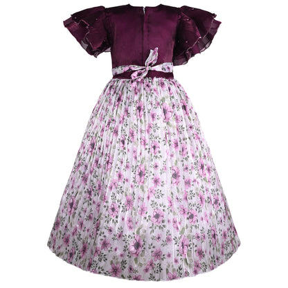 Girls Pearl Embellished Floral Print Party Dress
