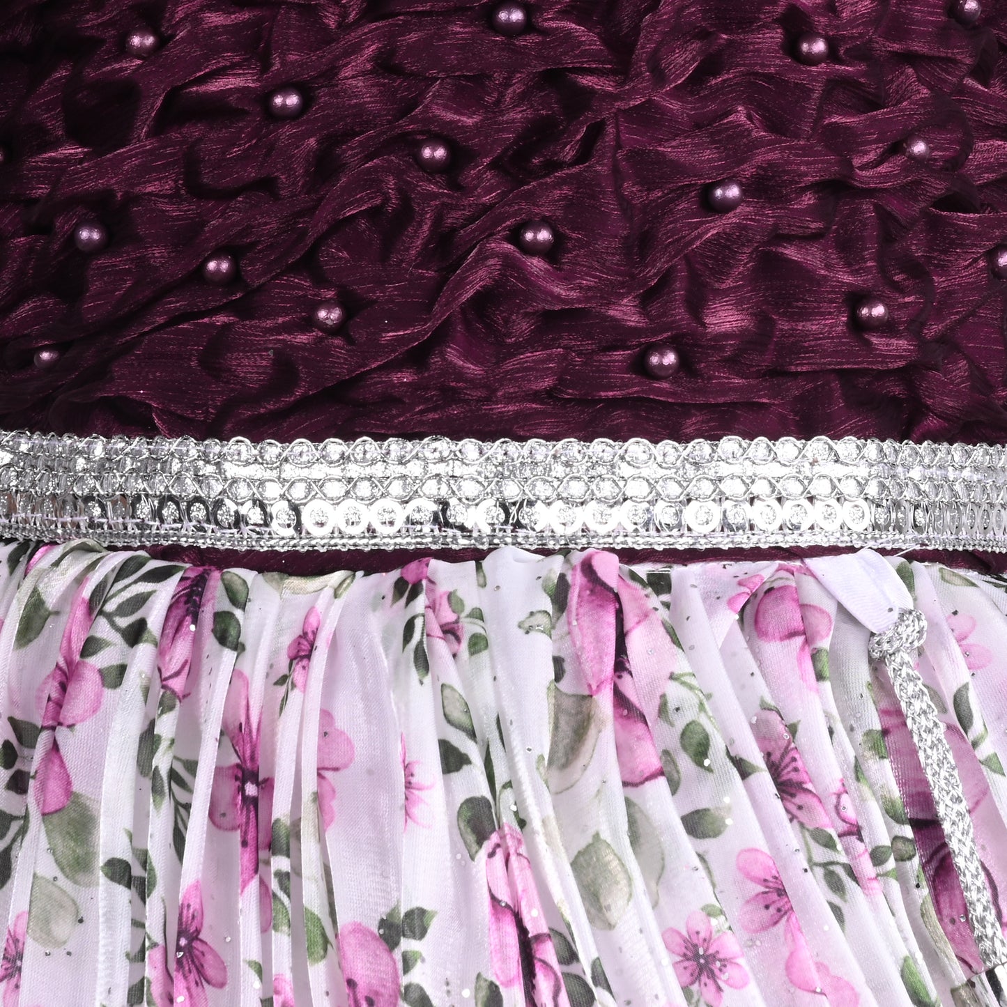 Girls Pearl Embellished Floral Print Party Dress