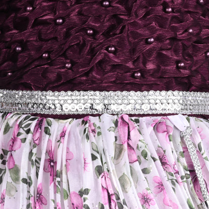 Girls Pearl Embellished Floral Print Party Dress