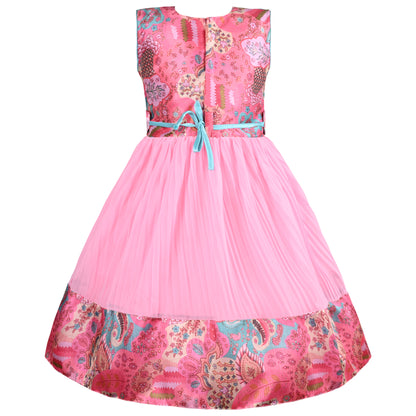 Girls Floral Design Sequin Flared Dress