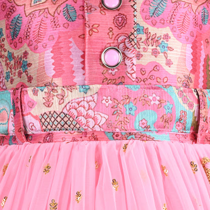 Girls Floral Design Sequin Flared Dress