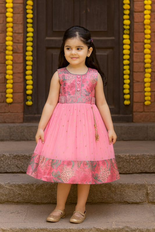 Girls Floral Design Sequin Flared Dress