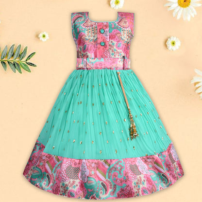 Girls Floral Design Sequin Flared Dress