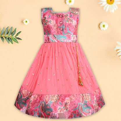 Girls Floral Design Sequin Flared Dress