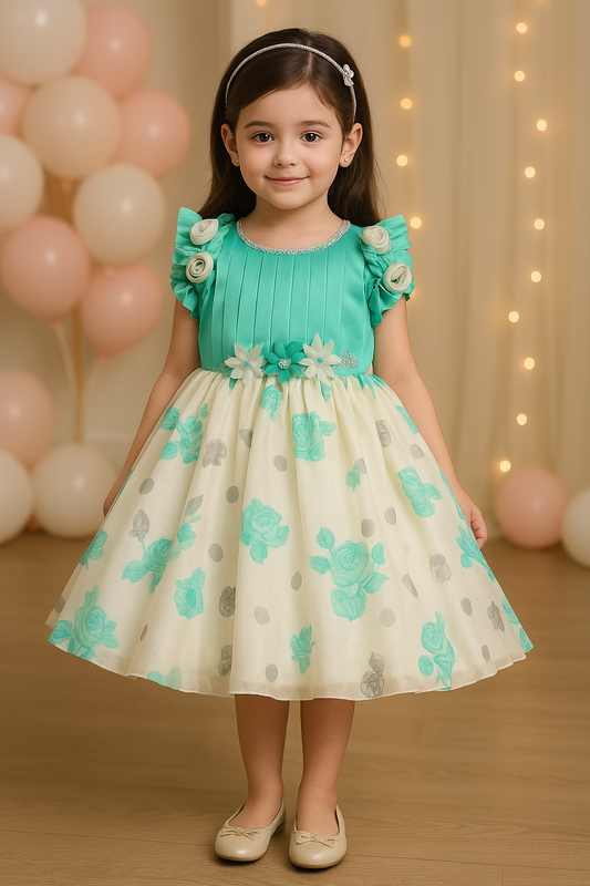 Girls Floral Print Embellished Balloon Party Dress
