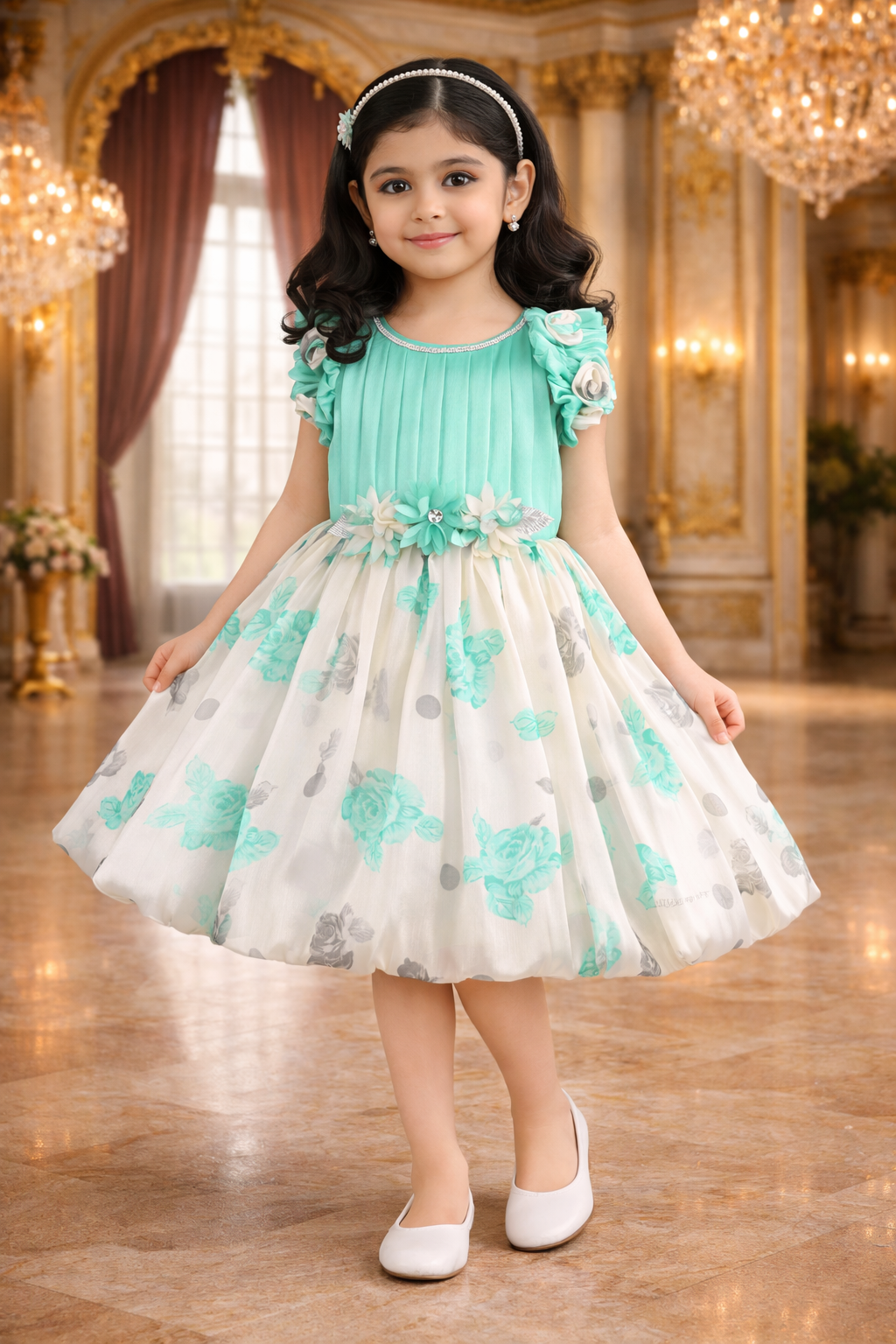 Girls Floral Print Embellished Balloon Party Dress