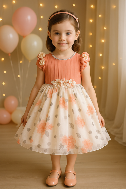 Girls Floral Print Embellished Balloon Party Dress