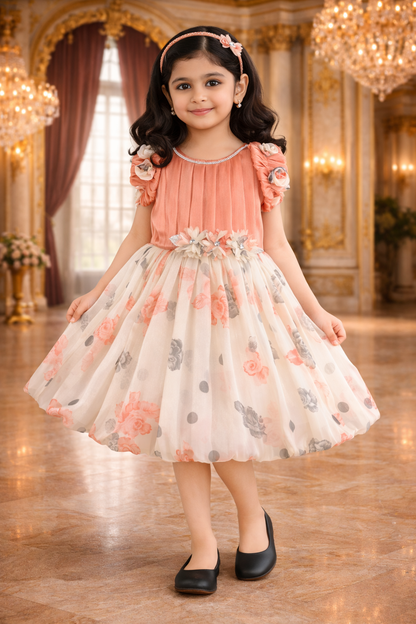 Girls Floral Print Embellished Balloon Party Dress