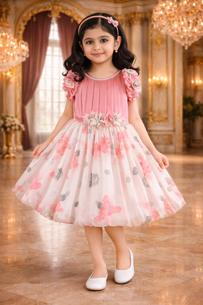 Girls Floral Print Embellished Balloon Party Dress