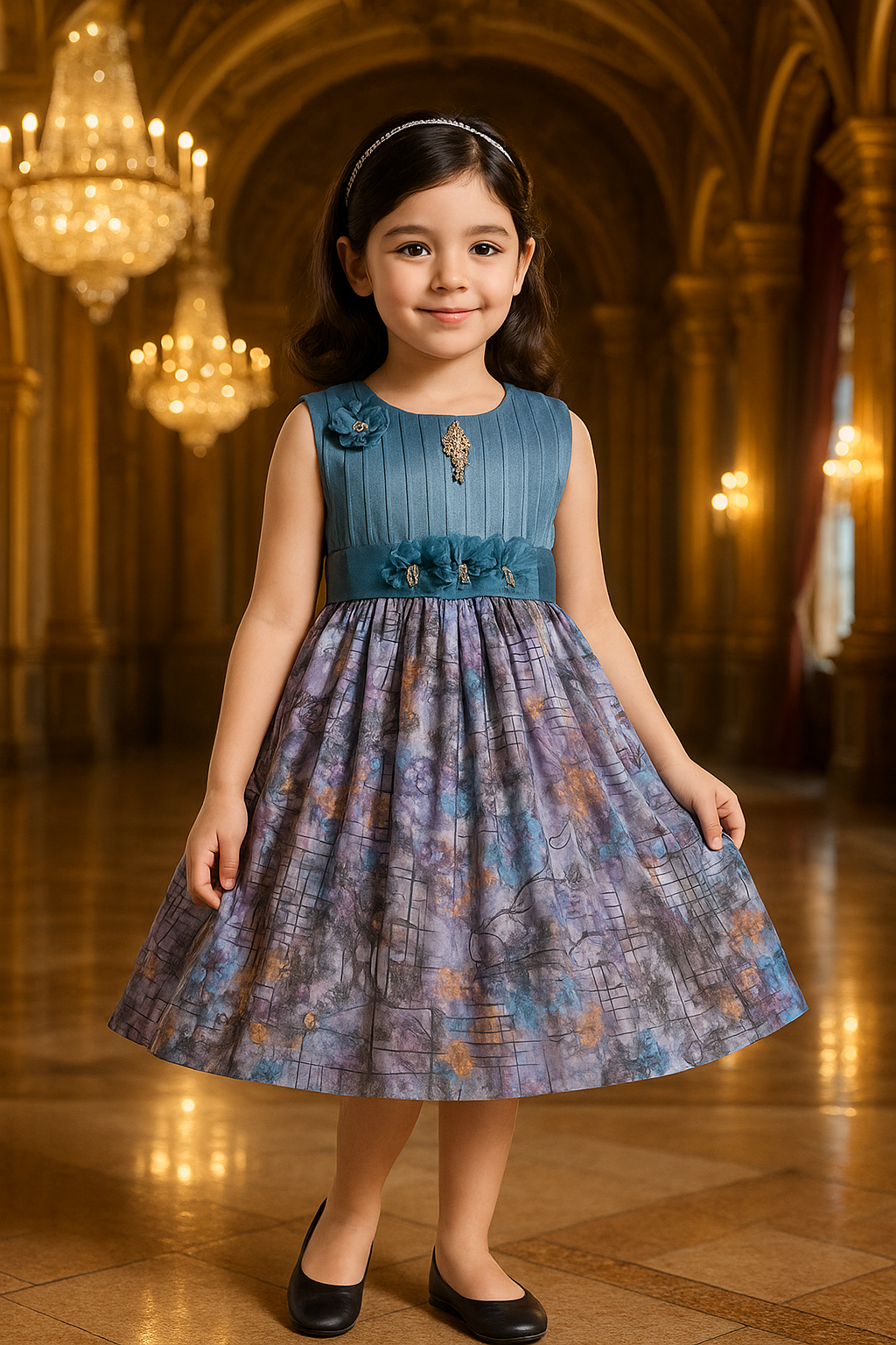 Girls Floral Print Pleated Art Silk Party Dress