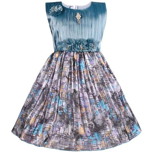 Girls Floral Print Pleated Art Silk Party Dress