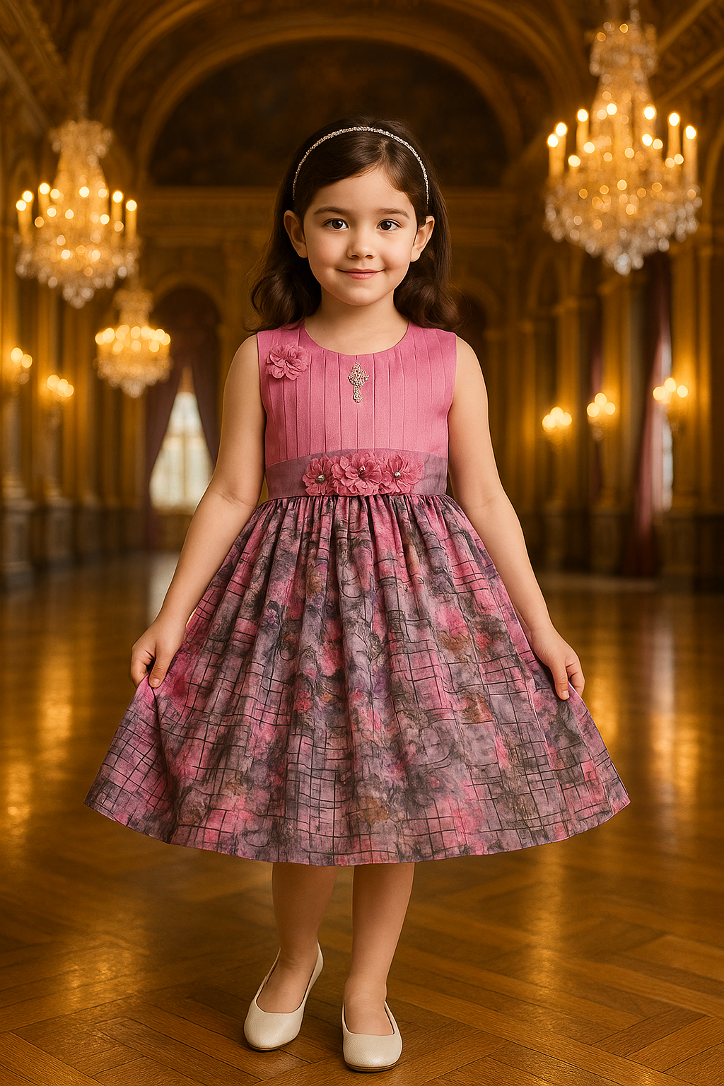 Girls Floral Print Pleated Art Silk Party Dress