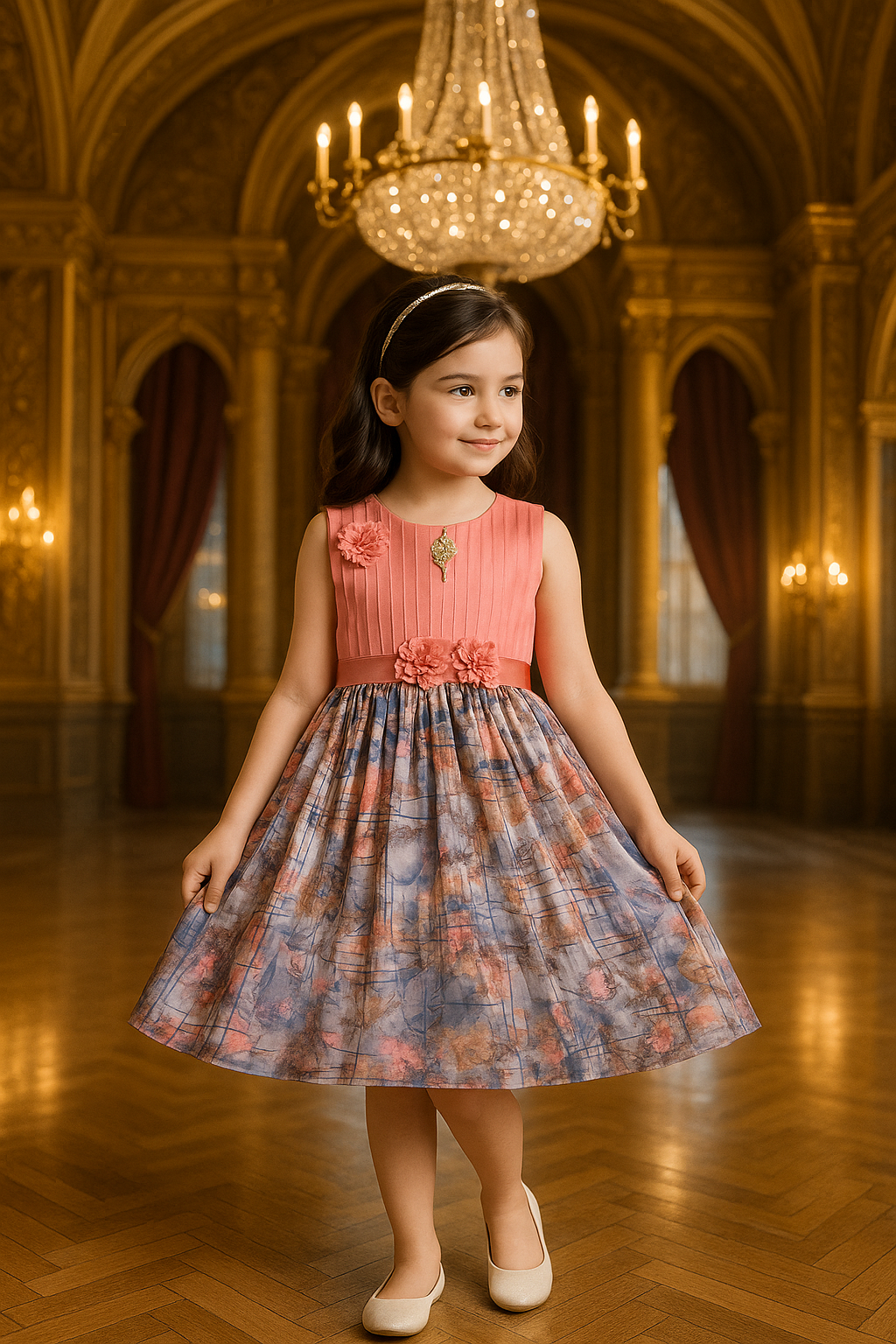 Girls Floral Print Pleated Art Silk Party Dress