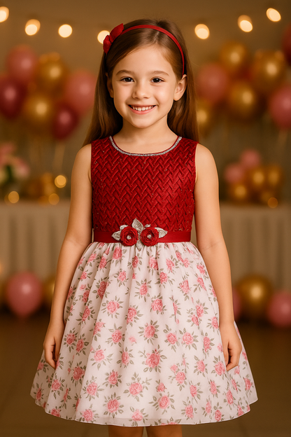 Girls Floral Print Stone Embellished Party Dress