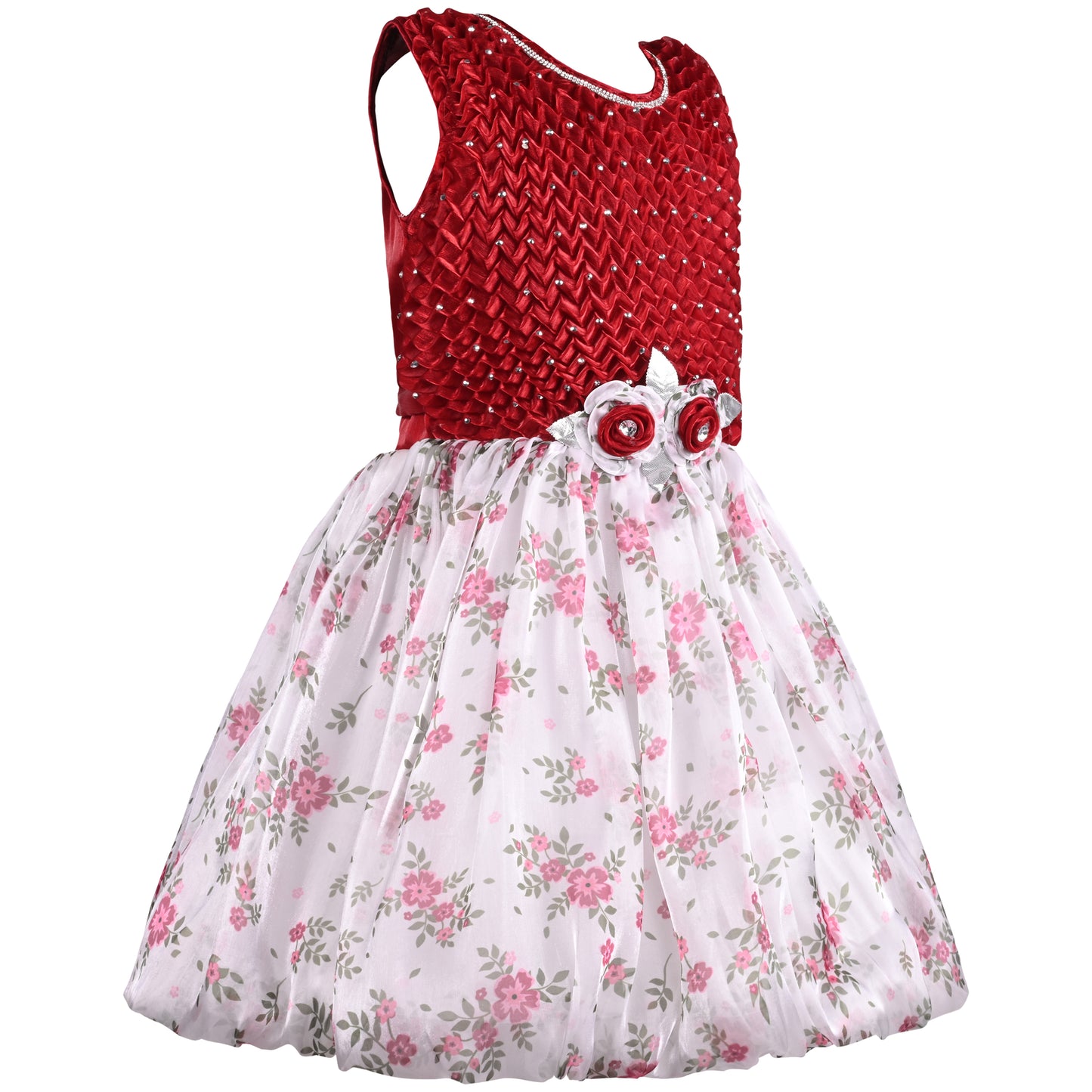 Girls Floral Print Stone Embellished Party Dress