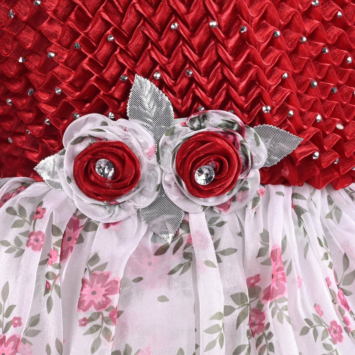 Girls Floral Print Stone Embellished Party Dress