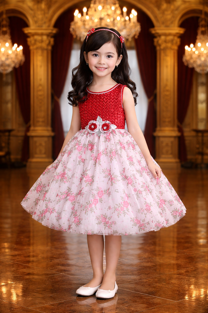 Girls Floral Print Stone Embellished Party Dress